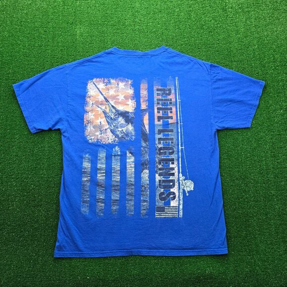 Reel Legends Tshirt Mens Large Blue USA Flag Patriotic Fishing Marlin Graphic - Picture 1 of 7